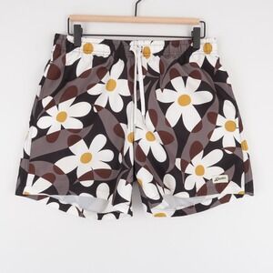 Bather Swim Trunks Mens M Black Gray Floral Graphic Drawstring Mesh Lined